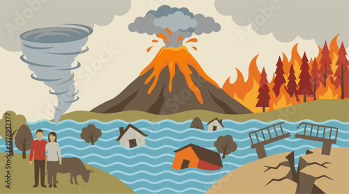 Global natural disasters concept: tornado, volcano, wildfire, flood, earthquake