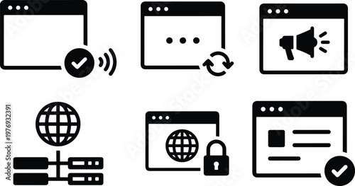 Minimalist web browser icon set, 6 digital interface vector elements, black solid website development symbols for UI design