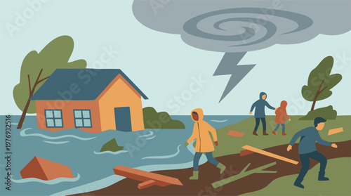 People evacuating a flooded area during a severe storm with lightning