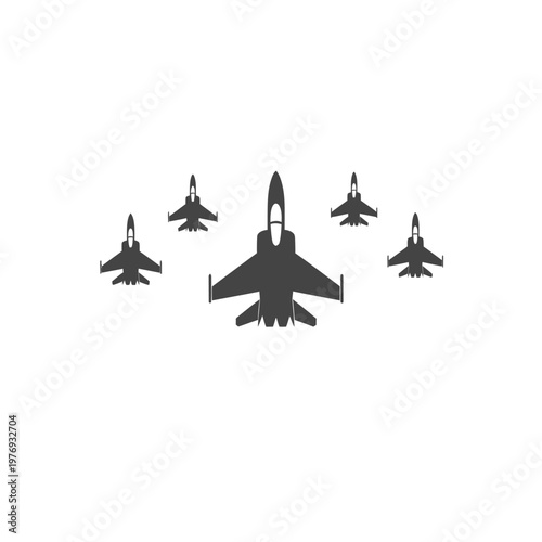 Formation of fighter jets in flight, modern military aviation, silhouette on white background