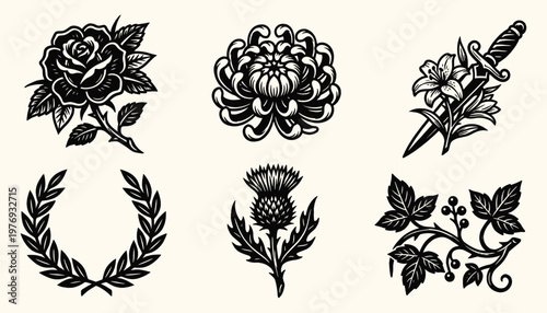 Collection of Vintage Black and White Botanical Tattoo Illustrations Featuring Rose Chrysanthemum Thistle and Laurel Wreath