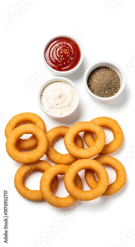 Onion Rings with Ketchup, Ranch, and Seasoning on White Background