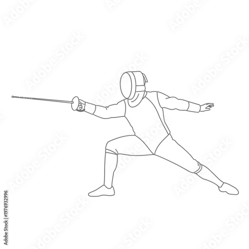 Fencer In Protective Gear Lunging Forward With Sword - Line Art