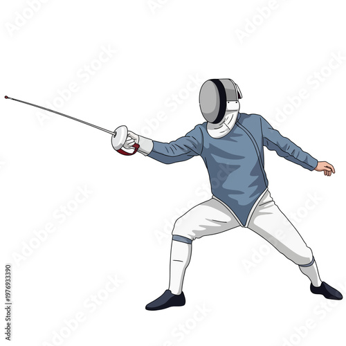 Fencer in protective gear, lunging forward with foil sword, athletic sport illustration