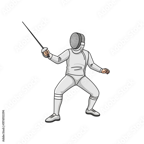 Fencer in protective gear with sword, ready for duel, isolated on white background