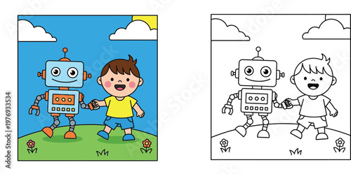 Cute Cartoon Boy and Robot Best Friends Walking Together with Coloring Page Outline, Friendly Droid and Child Illustration for Kids Education and Activity Book, Vector Line Art Set
