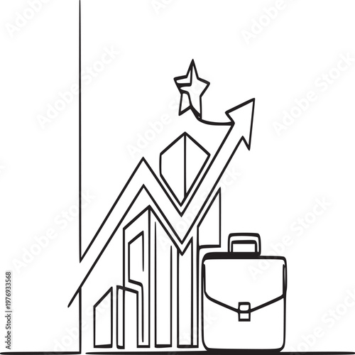 Line art house with upward growth arrow and suitcase symbolizing real estate investment success