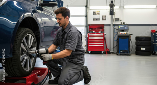 Young male mechanic in uniform changing tire on blue car with impact wrench in modern auto repair shop garage