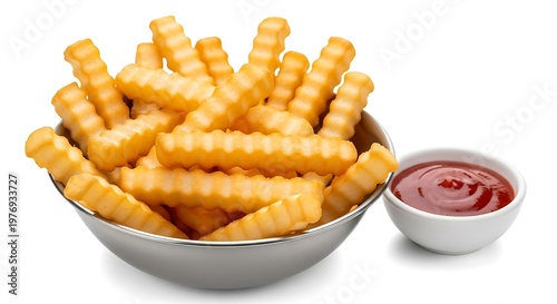 Golden Crinkle Cut French Fries in Metal Bowl with Ketchup