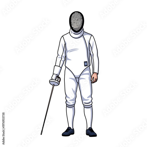 Fencer in White Uniform and Mask Holding Sword, Ready for Combat