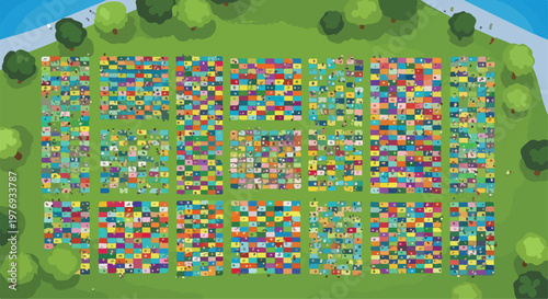 Aerial view of colorful picnic blankets in a green park, summer festival crowd concept, top down vector illustration of outdoor community event