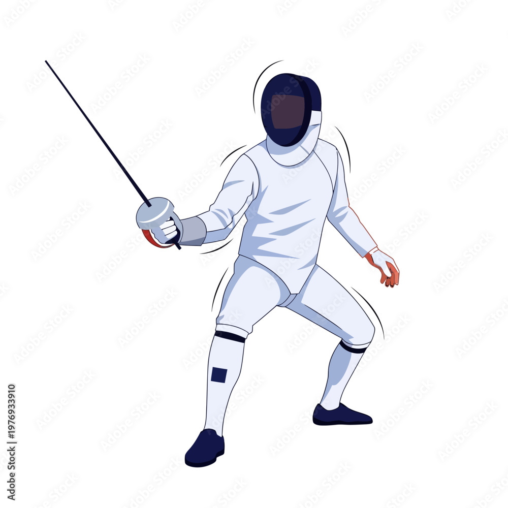 Obraz premium Fencer in white uniform holding foil, ready for duel, active sport illustration