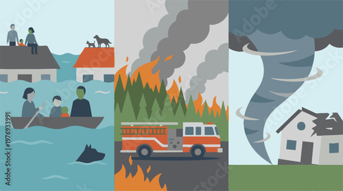 Natural Disasters Illustration: Flood, Wildfire, and Tornado Events
