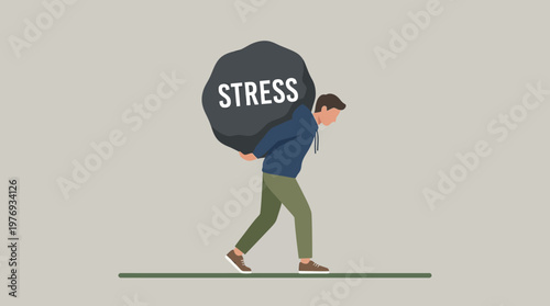Illustration of a man carrying a heavy boulder labeled stress.