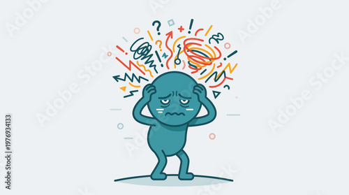 Cartoon character experiencing confusion anxiety and mental overload.