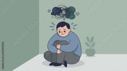 Illustration of a person seated in a corner with a cloud of anxious thoughts.