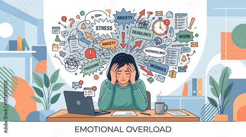 Stressed young woman experiencing emotional overload with chaotic thoughts.