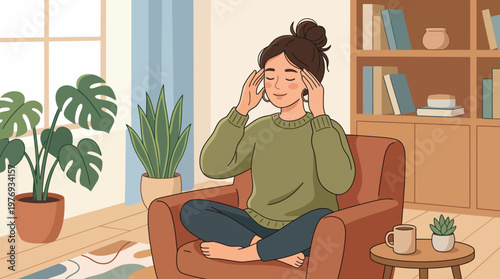 Young woman relaxing with headphones in a cozy living room interior.