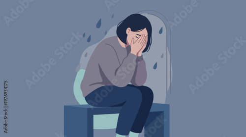 Illustration of a person overwhelmed by sadness and rain.