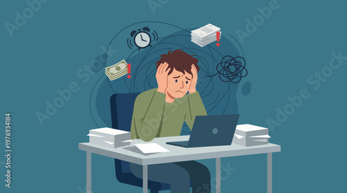 Tired businessman stressed at cluttered desk with looming deadlines and pressure.