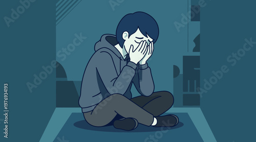 Illustration of a person sitting alone covering their face in visible distress.