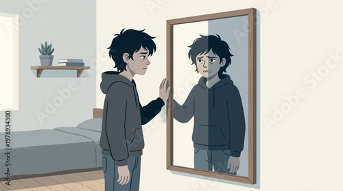 Young person in hoodie studying their reflection in a bedroom mirror.