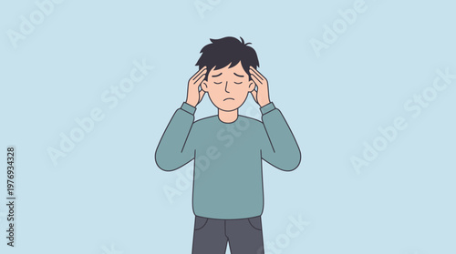Young man clutching his temples in pain showing stress and headache.