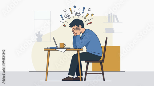 Stressed office worker overwhelmed at desk with laptop and paperwork.