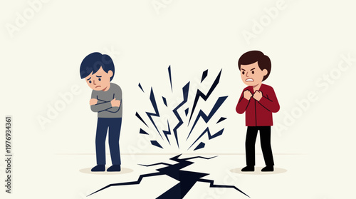 Cartoon illustration of two men arguing across a large ground crack.