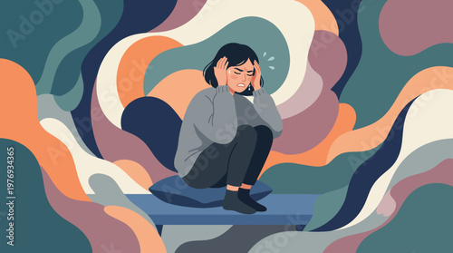 Young person overwhelmed by swirling abstract emotions and thoughts.