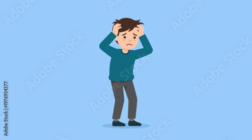 Illustration of a young man holding his head in visible stress.