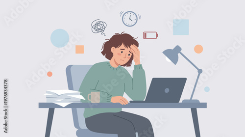 Illustration of a tired student studying late at a cluttered desk.