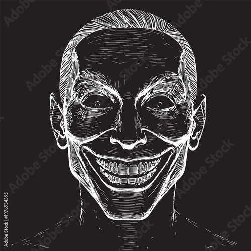 Sinister Grinning Man With Dark Hollow Eyes Engraved Illustration Art