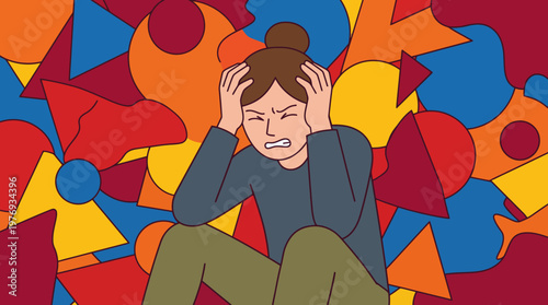 Stressed young man overwhelmed by chaotic abstract shapes in colorful illustration.