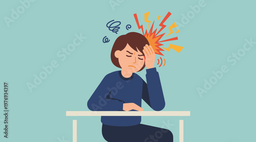 Cartoon illustration of a person with severe headache at a desk.