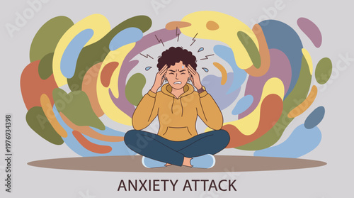 Young person sitting cross-legged experiencing an anxiety attack illustration.