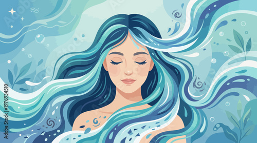 Serene woman with flowing blue hair submerged in tranquil water scene.