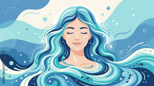 Calm woman with flowing blue hair merging into ocean waves.