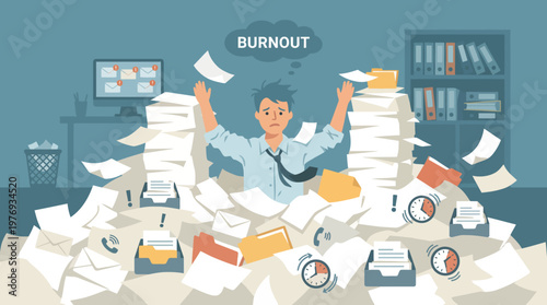 Stressed office worker buried under towering piles of paperwork and files.