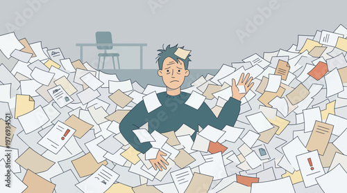 Cartoon businessman drowning in an overwhelming pile of paperwork and files.