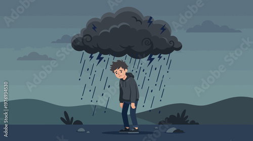 Young man standing under a dark rain cloud feeling isolated and sad.