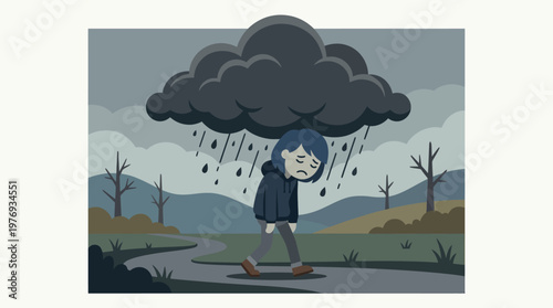 Sad cartoon figure walking under a personal rain cloud in a desolate landscape.