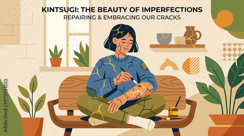 Woman practicing kintsugi pottery repair while sitting on a bench surrounded by plants and ceramics.