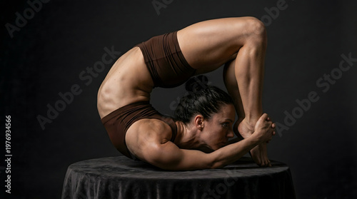 Professional female contortionist performing an extreme backbend chest stand on a pedestal against a dark studio background, showcasing incredible flexibility and physical strength.