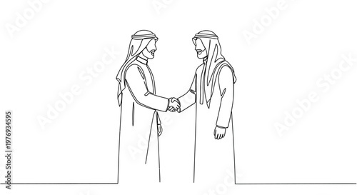 Two men in traditional Middle Eastern clothing shaking hands.