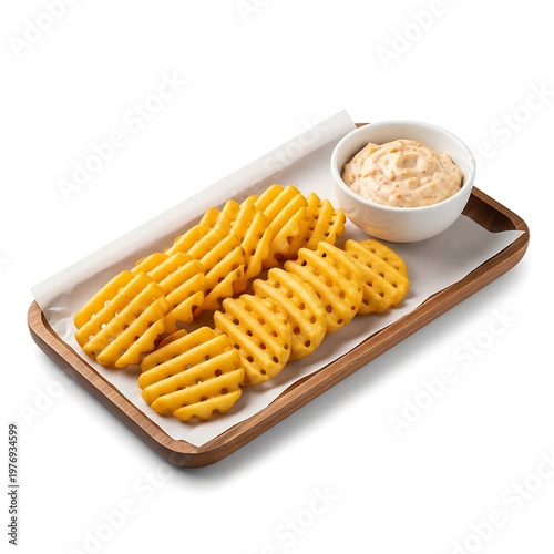 Golden Waffle Fries on Wooden Tray with Dipping Sauce