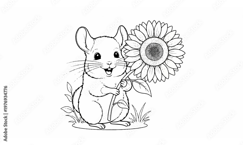 Fototapeta premium A cheerful mouse stands upright holding a large sunflower with detailed petals. Coloring page, black and white
