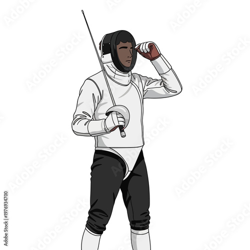Fencer Adjusting Mask, Ready for Duel - Sport Athlete Illustration