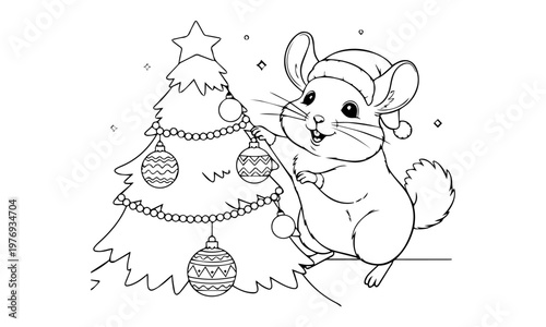 A cheerful chinchilla decorates a christmas tree with ornaments and festive cheer. Coloring page, black and white