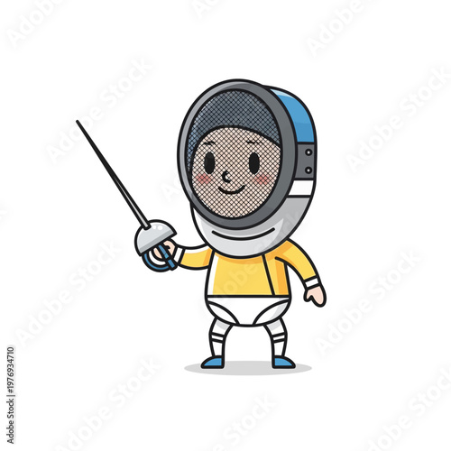 Cute cartoon fencer kid with mask and foil sword, happy face, sports illustration